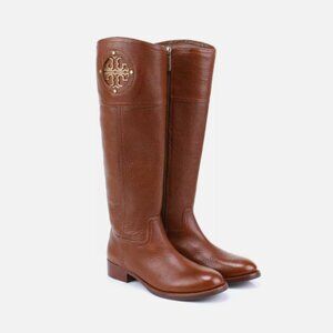 Tory Burch Kiernan 35MM Tumbled Leather Riding Boots Almond Size 6.5 EUC